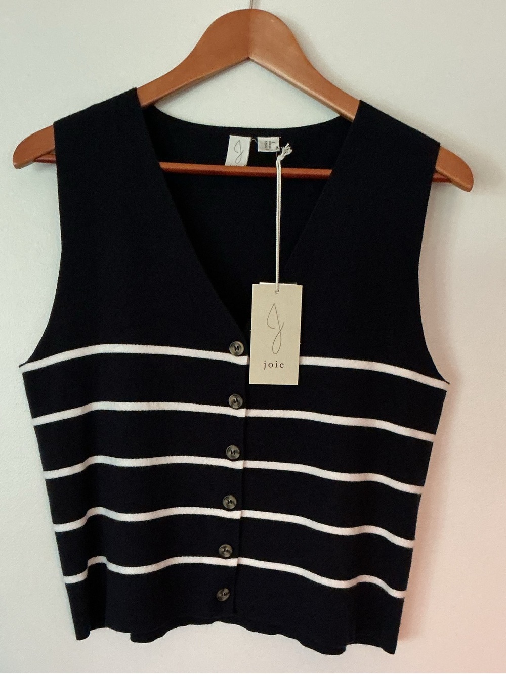 Joie Dark Navy Blue and White Striped Button-Front Knit Vest